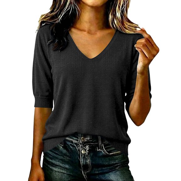 Short Sleeve Sweater for Women Soft Stretchy Fall Outfits for Women Knitted Fashion Clothing Solid Color Loose Fit Lightweight Winter Sweater Half Sleeve Top Casual V Neck Pullover