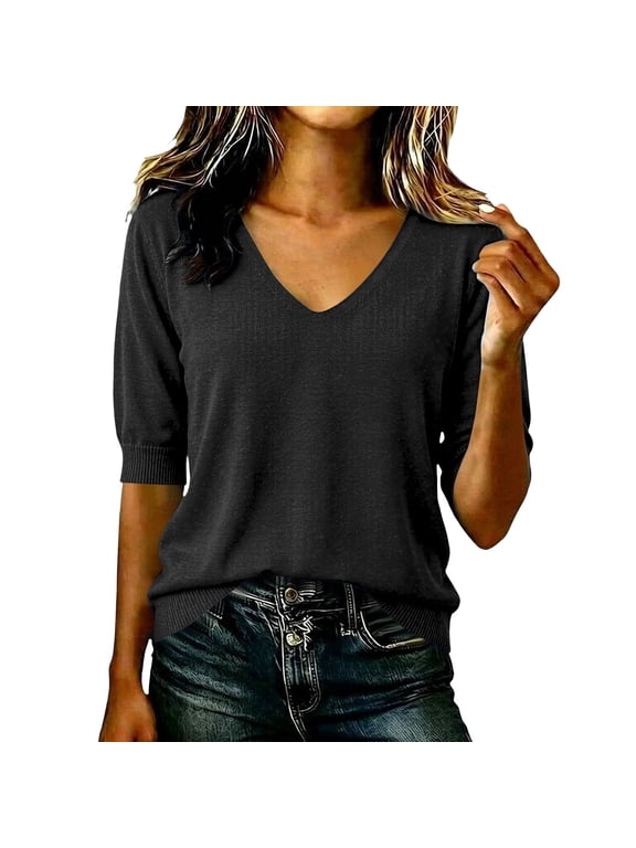 Short Sleeve Sweater for Women Soft Stretchy Fall Outfits for Women Knitted Fashion Clothing Solid Color Loose Fit Lightweight Winter Sweater Half Sleeve Top Casual V Neck Pullover