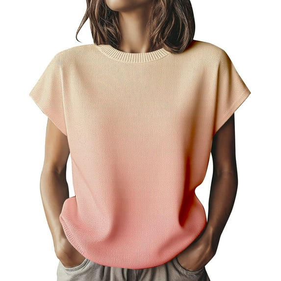 Short Sleeve Sweater for Women, Yigetop Women's Knit Short Sleeve Top Soft Stretchy Crew Neck Blouse Casual Versatile T Shirt for Daily Wear Business Casual Tops for Women Beige M