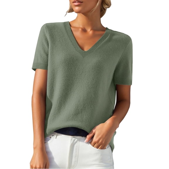 Short Sleeve Sweater for Women, Yigetop Women's Round Neck Short Sleeved Loose T Shirt with A Knit Bottom Short Top Sweater Shirts for Women Light Green, S