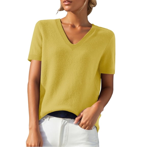 Short Sleeve Sweater for Women, Yigetop Women's Round Neck Short Sleeved Loose T Shirt with A Knit Bottom Short Top Sweater Shirts for Women Yellow, M