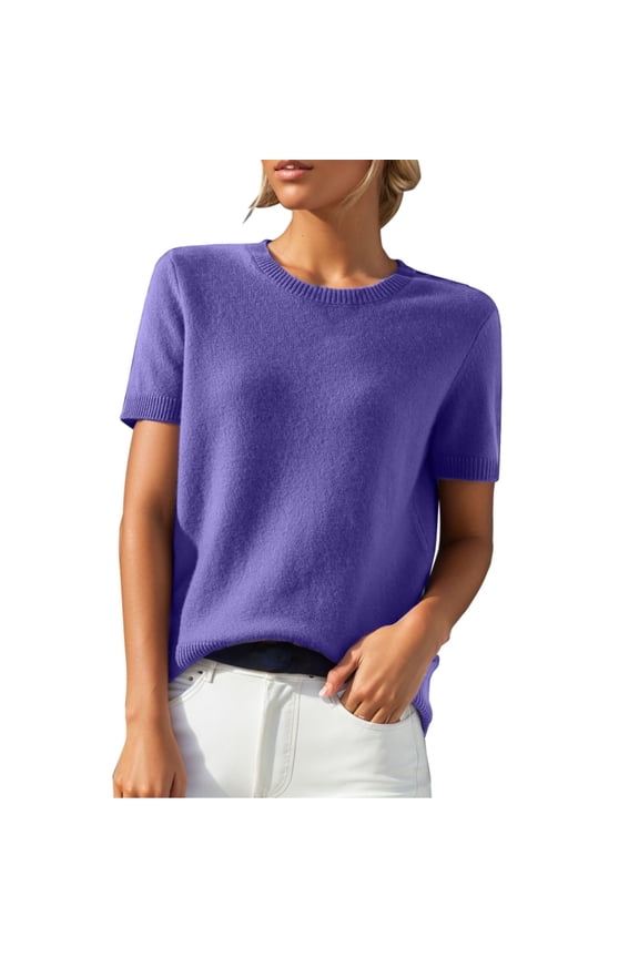 Short Sleeve Sweater for Women, Yigetop Women's Wool Blend Summer Fall Tops Crew Neck Lightweight Pullover Sweaters Business Casual Blouses Cozy Sweaters for Women Purple L
