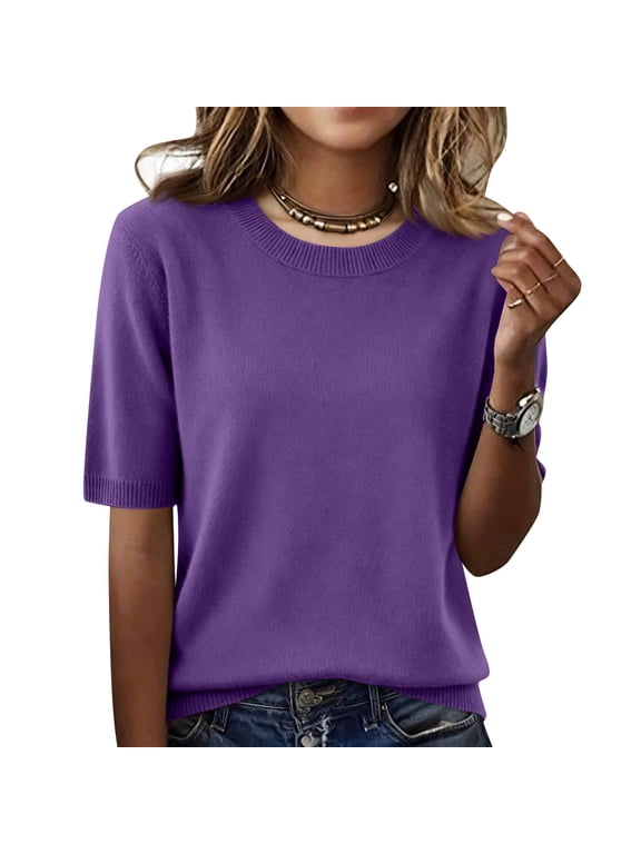 Short Sleeve Sweater for Women Business Casual Lightweight Cable Knit Tops Trendy Summer Crew Neck Pullover Dark Purple L