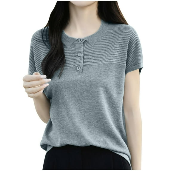 Short Sleeve Sweater for Women Button Collared Short Sleeve Shirts Striped Knit Fashion Casual Blouses Tops (2XL, Gray)