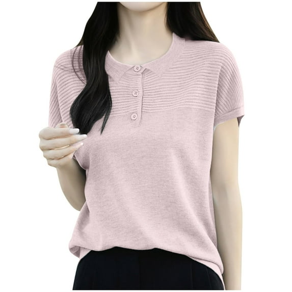 Short Sleeve Sweater for Women Button Collared Short Sleeve Shirts Striped Knit Fashion Casual Blouses Tops (M, Pink)