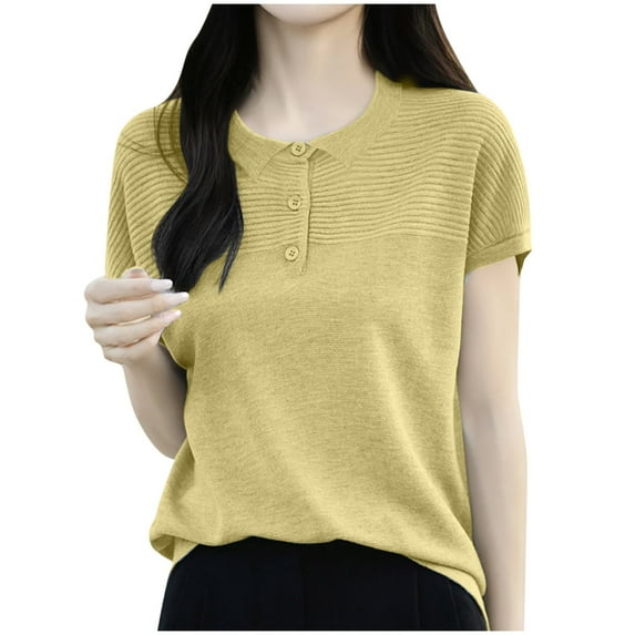 Short Sleeve Sweater for Women Button Collared Short Sleeve Shirts Striped Knit Fashion Casual Blouses Tops (S, Yellow)