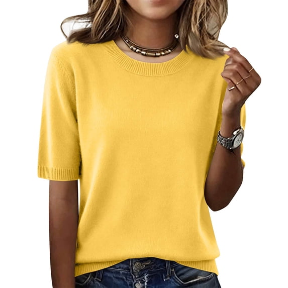 Short Sleeve Sweater for Women Crew Neck Lightweight Pullover Sweater Spring Summer Tops Casual Blouse Basic Clothes Ginger 2XL