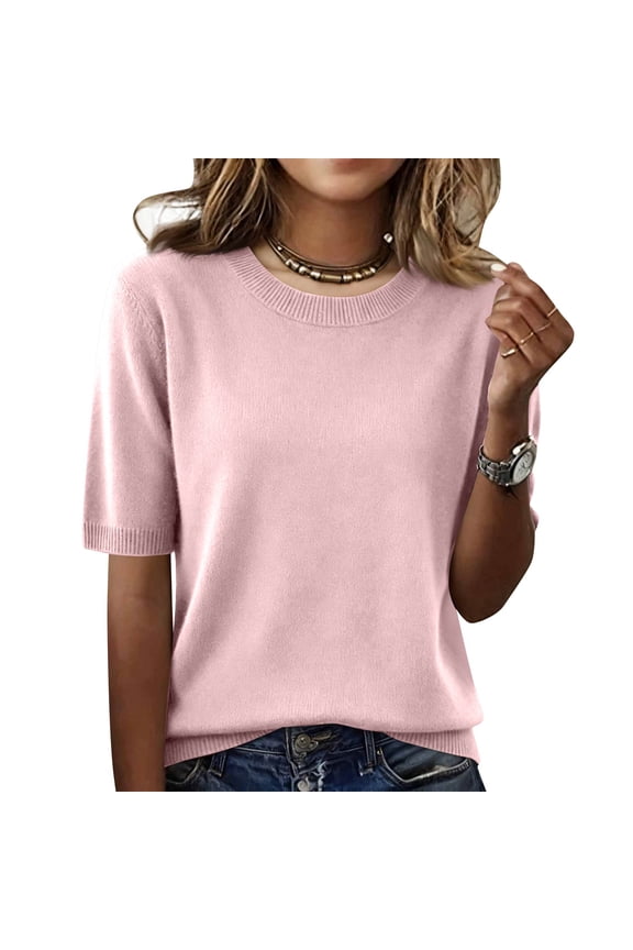 Short Sleeve Sweater for Women Crew Neck Lightweight Pullover Sweater Spring Summer Tops Casual Blouse Basic Clothes Light pink M