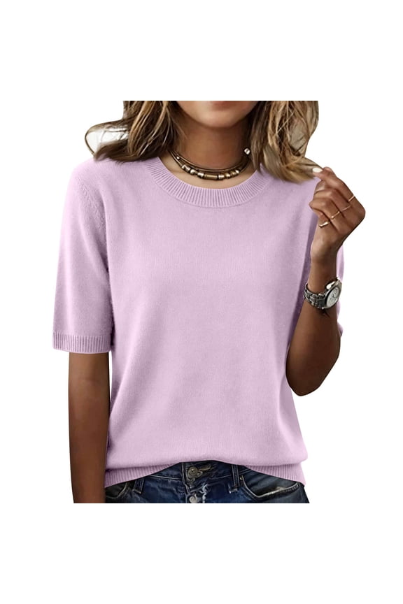 Short Sleeve Sweater for Women Crew Neck Lightweight Pullover Sweater Spring Summer Tops Casual Blouse Basic Clothes Purple Pink S