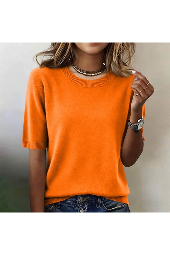Short Sleeve Sweater for Women Crew Neck Lightweight Sweaters Fashion Clothing Business Casual Orange XL