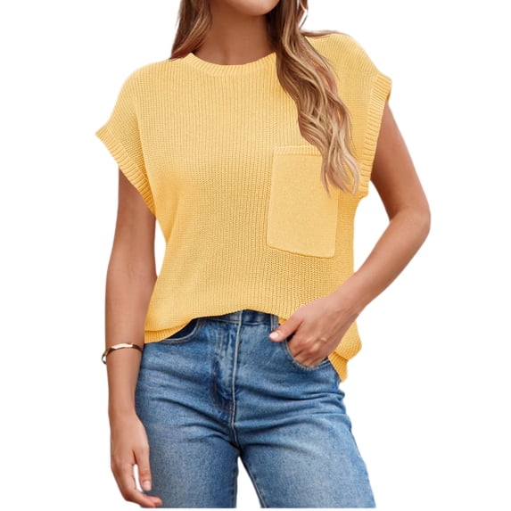 Short Sleeve Sweater for Women Crew Neck Ribbed Knit Vests Trendy Pullover Tops