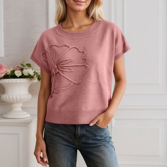 Short Sleeve Sweater for Women Flower Embroidered Knit Pullovers Tops Color Red Size M