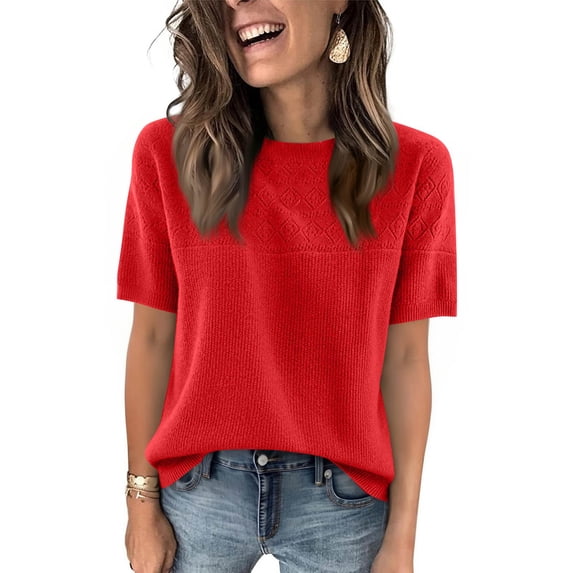 Short Sleeve Sweater for Women Light-Weight Crew Neck Summer Thin Tops Trendy Ribbed Knit Dressy Tops Clothes
