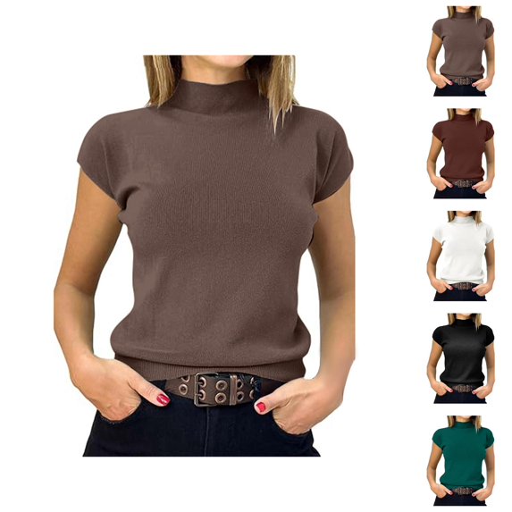 Short Sleeve Sweater for Women Plain Basic Ribbed Knit Neck T Shirts Womens Undershirts