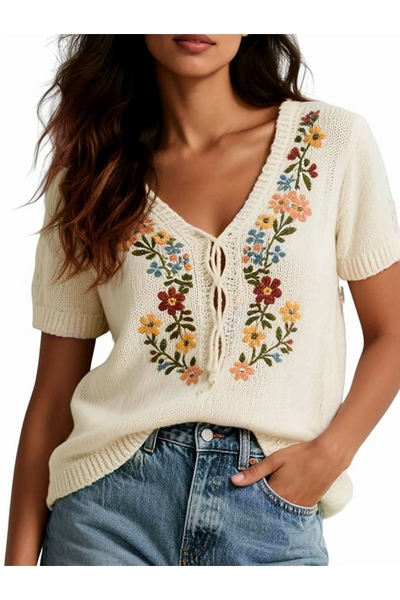Short Sleeve Sweater for Women Retro Floral Mexican Embroidered Top Summer Tie Front V Neck Boho Peasant Blouse White M