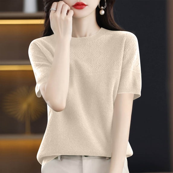 Short Sleeve Sweater for Women Spring Tops Crew Neck Lightweight Pullover Loose Dressy Casual Blouse Basic Clothes Beige S