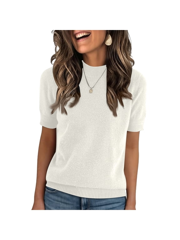 Short Sleeve Sweater for Women Spring Tops Crew Neck Lightweight Pullover Loose Dressy Casual Blouse Basic Clothes White 2XL