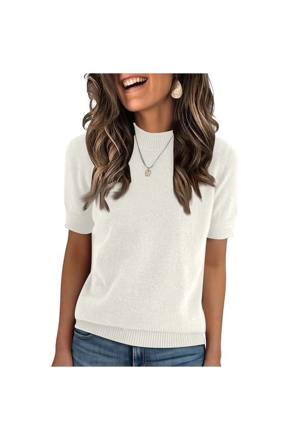 Short Sleeve Sweater for Women Spring Tops Crew Neck Lightweight Pullover Loose Dressy Casual Blouse Basic Clothes White M