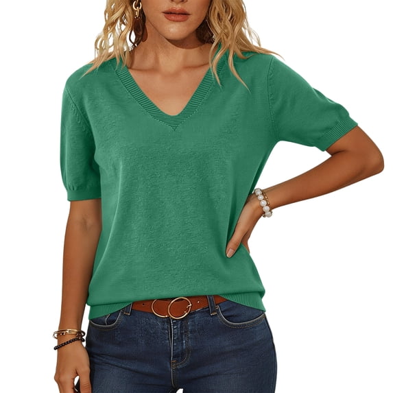 Short Sleeve Sweater for Women Summer V Neck Pullover Tops Business Casual Lightweight Sweaters Spring Clothes 2026 Green M
