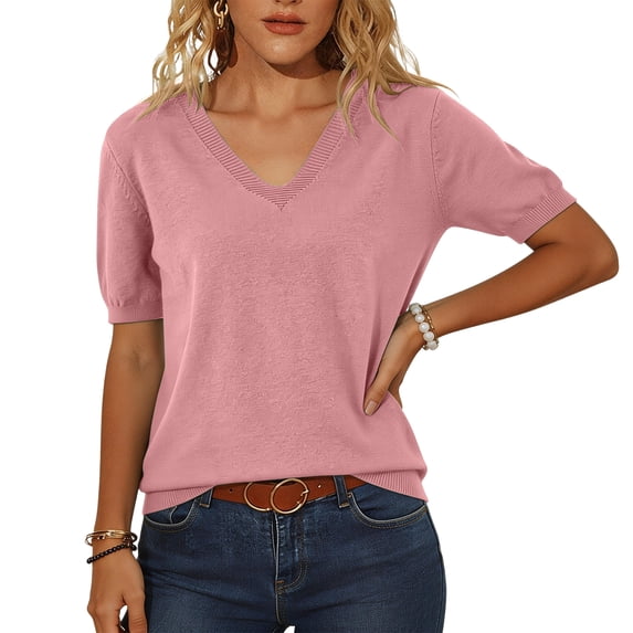 Short Sleeve Sweater for Women Summer V Neck Pullover Tops Business Casual Lightweight Sweaters Spring Clothes 2026 Pink 2XL