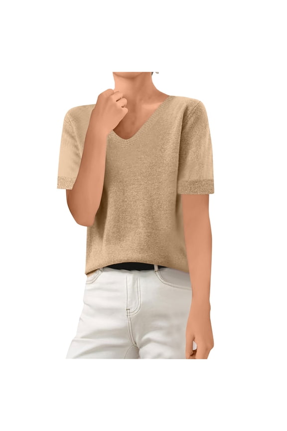 Short Sleeve Sweater for Women V Neck Lightweight Sweaters Fashion Clothing Business Casual Outfits Camel L