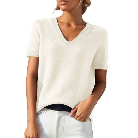 Short Sleeve Sweater for Women, Yigetop Women's Round Neck Short Sleeved Loose T Shirt with A Knit Bottom Short Top Sweater Shirts for Women White, S