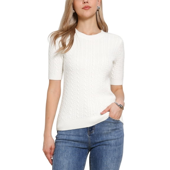 INSPIRE CHIC Short Sleeve Sweater for Women's Crew Neck Fall Winter 2025 Knit Casual Sweaters Top S White
