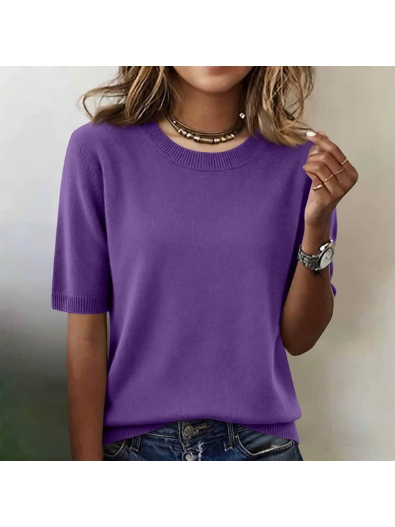 Short Sleeve Sweaters for Women Cable Knit Crew Neck Sweaters Shirts Dressy Casual Basic Summer Pullover Shirt
