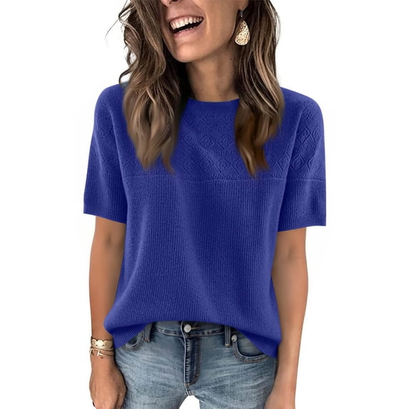 Short Sleeve Sweaters for Womens Summer Crew Neck Knit Sweater Shirts Business Casual Work Tops 2026 Spring Outfits Blue M