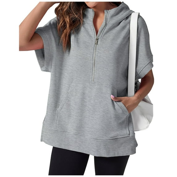 Short Sleeve Sweatshirts for Women Casual Half Zipper Pullover Tops Oversized T Shirts with Pockets Fashion Outfits