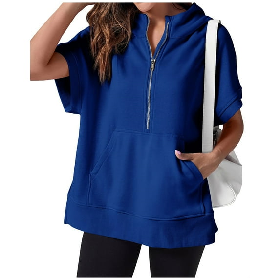 Short Sleeve Sweatshirts for Women Casual Half Zipper Pullover Tops Oversized T Shirts with Pockets Fashion Outfits