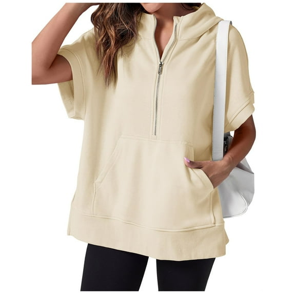Short Sleeve Sweatshirts for Women Casual Half Zipper Pullover Tops Oversized T Shirts with Pockets Fashion Outfits