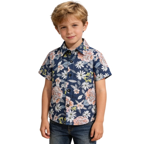 Short Sleeve T Shirt Boys Summer Vacation Beach Floral Print Button Up Tees Clothes for Boys Size 6M-9Y