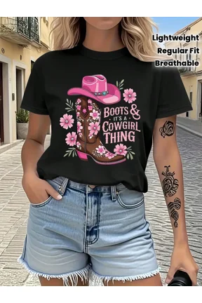 Short-Sleeve T-Shirt With Cool Design Featuring Western Cowboy Boots Pattern, Regular Fit, Round Neck, Suitable For Spring And Summer Women'S Wear, Outdoor Fashion And Leisure. The