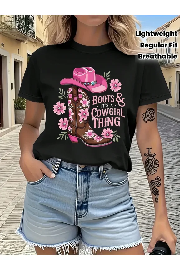 Short-Sleeve T-Shirt With Cool Design Featuring Western Cowboy Boots Pattern, Regular Fit, Round Neck, Suitable For Spring And Summer Women'S Wear, Outdoor Fashion And Leisure. The