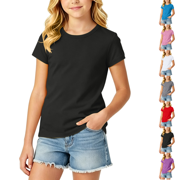 Short Sleeve T Shirt Girls Kids Tops Basic Crewneck Tees Black 3-4Y(110)