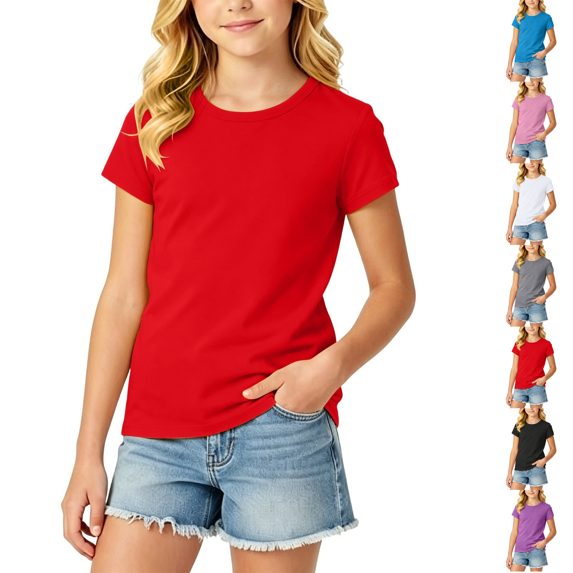 Short Sleeve T Shirt Girls Kids Tops Basic Crewneck Tees Red 3-4Y(110)