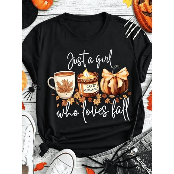 Short Sleeve T‑Shirt, Just A Girl Who Loves Fall Pumpkin Maple Leaf Coffee Candle Casual Graphic Tee