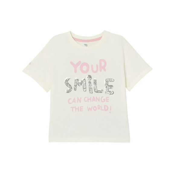 Short Sleeve T-Shirt With Phrase Sequin Graphic - Ecru