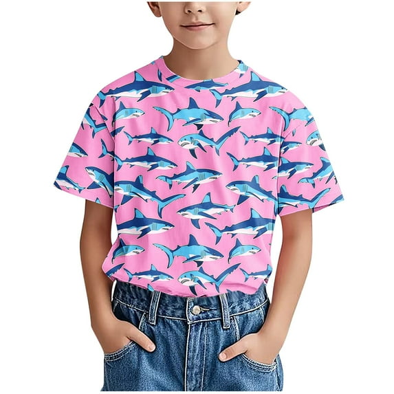 Short Sleeve T-Shirt for Boys Casual Shark Printed Crew Neck Summer Top Loose Fit Lightweight Cute Tees for Kids Teens 3-14 Years