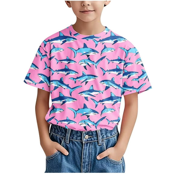 Short Sleeve T-Shirt for Boys Casual Shark Printed Crew Neck Summer Top Loose Fit Lightweight Cute Tees for Kids Teens 3-14 Years