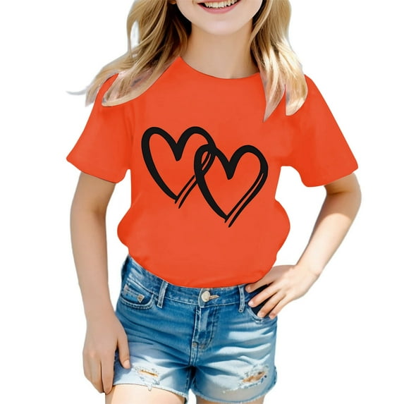 Short Sleeve T Shirt for Girls Heart Prints Crewneck Outfits Clothes Lightweight Girls' Athletic Shirts & Tees,Orange,140