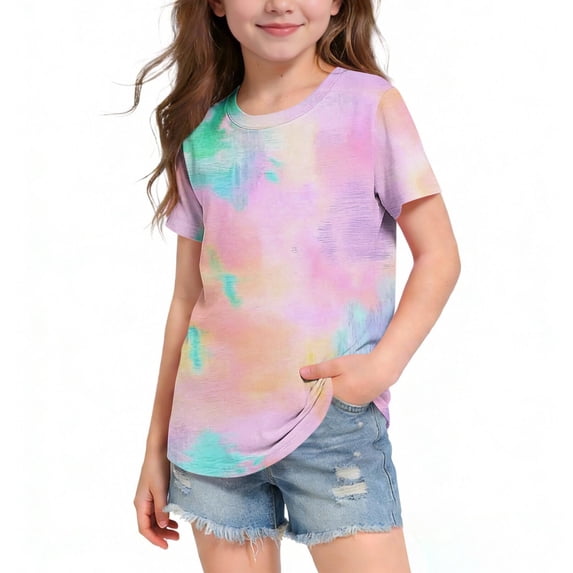 Short Sleeve T-Shirt for Girls Unique Abstract Painted Pattern Graphic Tees Active Play Casual Summer Trendy Outfits for Teen