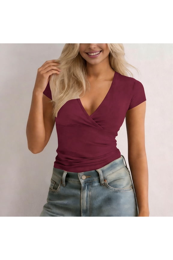 Short Sleeve T-Shirt for Women V Neck Wrap Front Slim Fit Basic Tee Soft Breathable Fabric Casual Everyday Stretchy Solid Summer Pullover Top