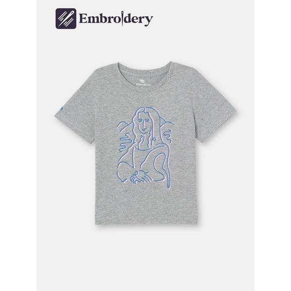 Short Sleeve T-Shirt with Embroidered (Mona Lisa) Print - Grey