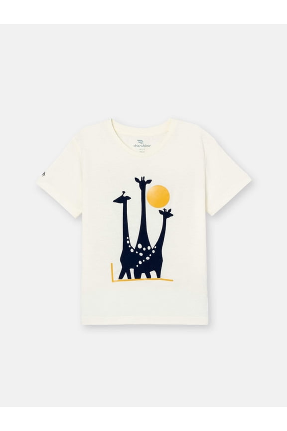 Short Sleeve T-Shirt with (Giraffe Family) Flock Graphic Print - White