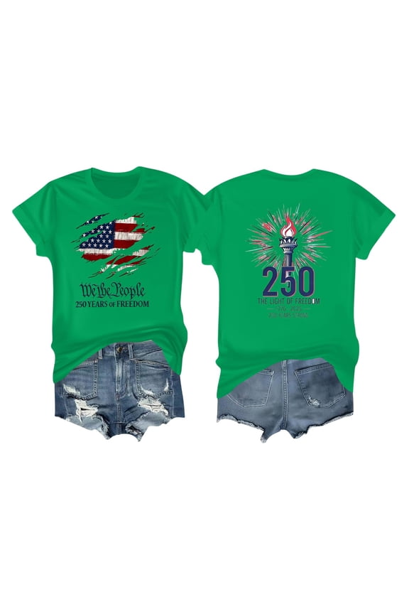 Short Sleeve T Shirt with Graphic Print and Distressed Denim Shorts Set for Women Casual Crew Neck Top and Shorts Outfit Green L