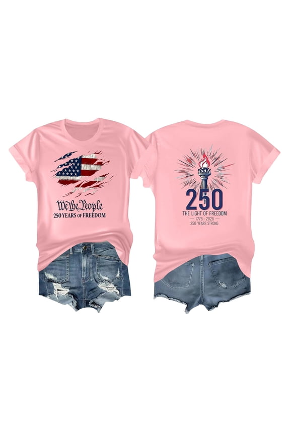 Short Sleeve T Shirt with Graphic Print and Distressed Denim Shorts Set for Women Casual Crew Neck Top and Shorts Outfit Pink M