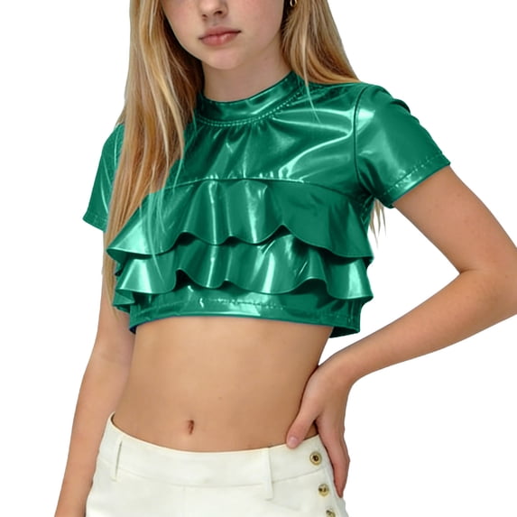 Short Sleeve T Shirts For Girls Crew Neck Ruffled Cropped Pullover Tops Holiday Party Stylish Outfits (110, Green)