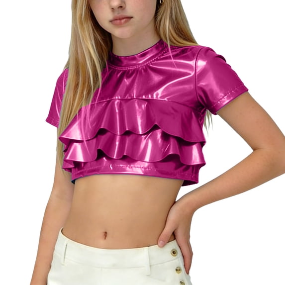 Short Sleeve T Shirts For Girls Crew Neck Ruffled Cropped Pullover Tops Holiday Party Stylish Outfits (160, Hot Pink)